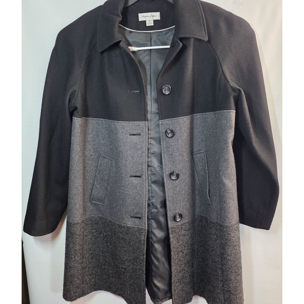 Womens Preston & York Colorblock Wool Blend Coat PLus Size 12 Black Gray‎ Button